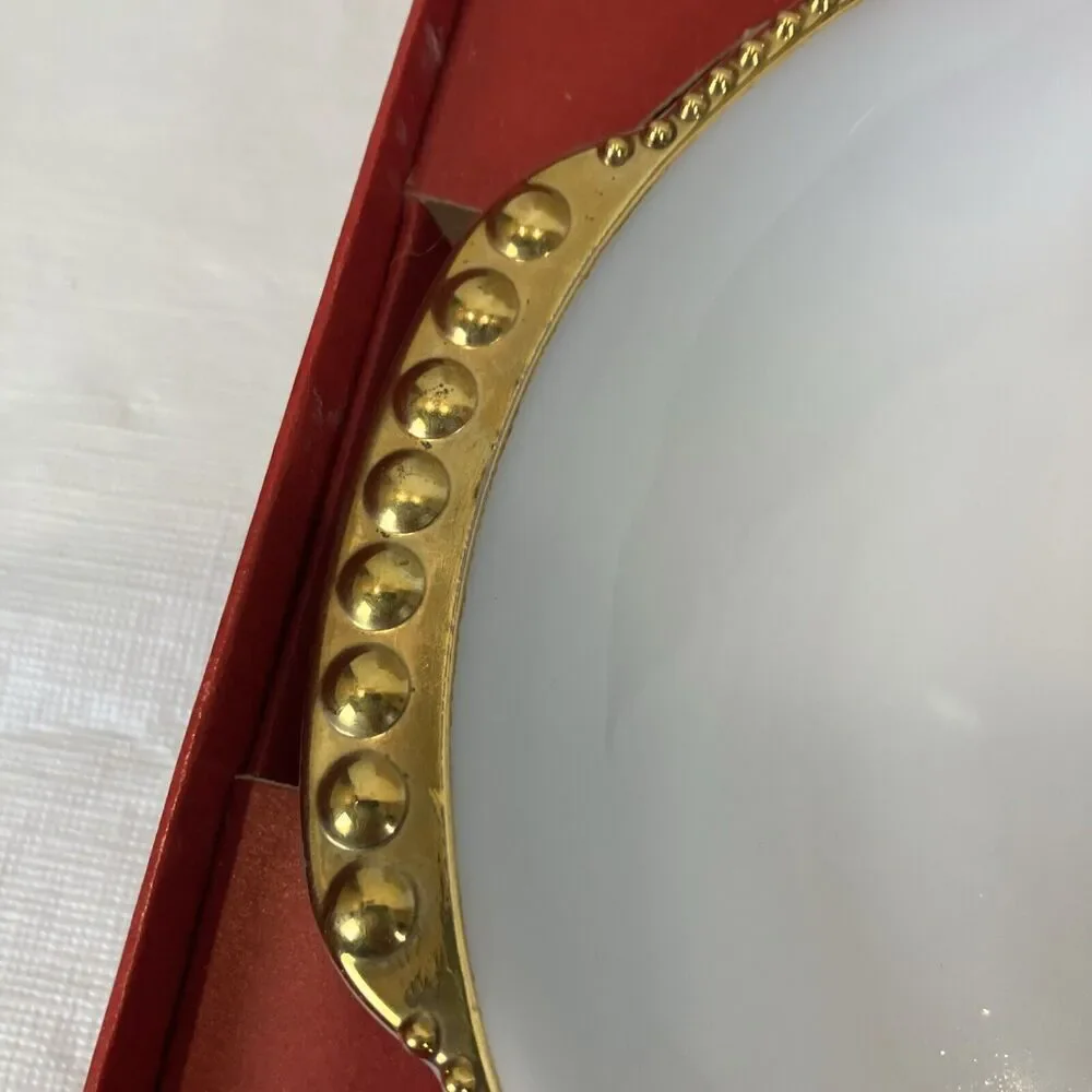 ANCHOR HOCKING FIRE KING MILK GLASS GOLD DIVIDED RELISH DISH Original Box‎